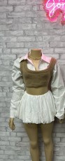Pre Order: About 7 work days shipping Casual Contrast Color Bubble Two Piece Skirts Set YUEM-50004