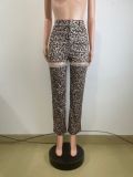 Leoparf Print Hollow Out Rhinestone Pants QODY-6049
