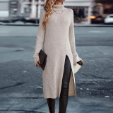 High Collar Sweater Solid Split Midi Dress GDAM-7201