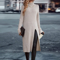 High Collar Sweater Solid Split Midi Dress GDAM-7201