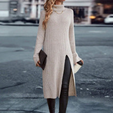 High Collar Sweater Solid Split Midi Dress GDAM-7201