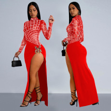 Sexy Hollow Out Hot Drill Split Maxi Dress GFYX-7119