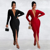 V Neck Long Sleeve Solid Split Maxi Dress GFYX-7118