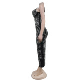 Hot Drill Sleeveless Deep V Neck Long Dress BY-7068