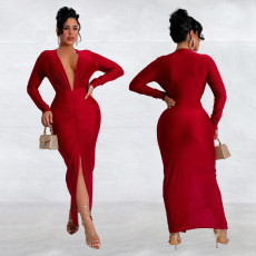 V Neck Long Sleeve Solid Split Maxi Dress GFYX-7118