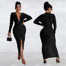 V Neck Long Sleeve Solid Split Maxi Dress GFYX-7118