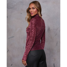 High Neck Velour Burnout Long Sleeve Bottom Shirt Top ASL-6768