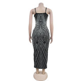 Hot Drill Sleeveless Deep V Neck Long Dress BY-7068
