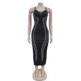 Sexy Sling Hot Drill Splicing Midi Dress GFYX-7070