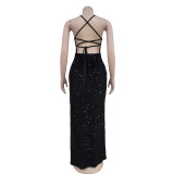 Sequin Velour Sling Backless Maxi Dress BY-7065