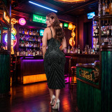 Hot Drill Sleeveless Deep V Neck Long Dress BY-7068
