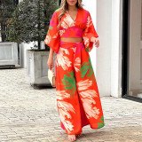 Plus Size V-Neck Lantern Sleeve Crop Top Wide Leg Pants Set GHHE-86478