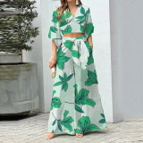 Plus Size V-Neck Lantern Sleeve Crop Top Wide Leg Pants Set GHHE-86478