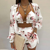 Plus Size Long Sleeve Print Shorts Three Piece Set GHHE-9068