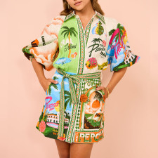 Plus Size Print Tie Up Shirt Dress GHHE-28154