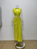 Plus Size Hollow Out V Neck Pleated Long Dress GHHE-28175
