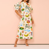 Plus Size Printed Bubble Sleeve Split Lace-Up Midi Dress GHHE-28067