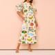 Plus Size Printed Bubble Sleeve Split Lace-Up Midi Dress GHHE-28067