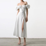 Plus Size Bubble Sleeve Lace-Up Slit Midi Dress GHHE-8141