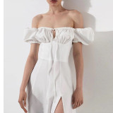 Plus Size Bubble Sleeve Lace-Up Slit Midi Dress GHHE-8141