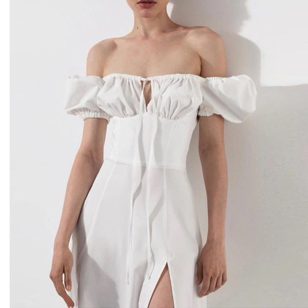 Plus Size Bubble Sleeve Lace-Up Slit Midi Dress GHHE-8141