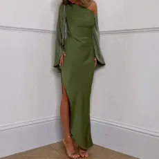 Plus Size Solid Color Slash Neck Long Dress GHHE-28741