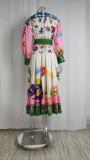 Plus Size Lantern Sleeve Printed Lapel Long Dress GHHE-24761