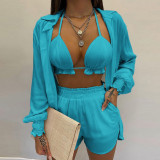 Plus Size Long Sleeve Print Shorts Three Piece Set GHHE-9068