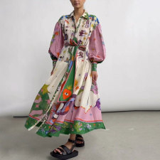 Plus Size Lantern Sleeve Printed Lapel Long Dress GHHE-24761