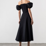 Plus Size Bubble Sleeve Lace-Up Slit Midi Dress GHHE-8141