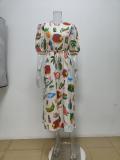 Plus Size Printed Bubble Sleeve Split Lace-Up Midi Dress GHHE-28067