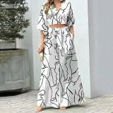 Plus Size V-Neck Lantern Sleeve Crop Top Wide Leg Pants Set GHHE-86478