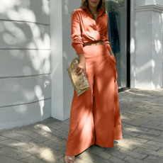 Plus Size Solid Color Shirt Wide Leg Pants Suit GHHE-8777