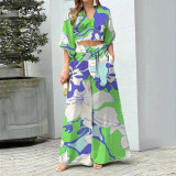 Plus Size V-Neck Lantern Sleeve Crop Top Wide Leg Pants Set GHHE-86478