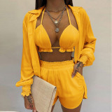 Plus Size Long Sleeve Print Shorts Three Piece Set GHHE-9068