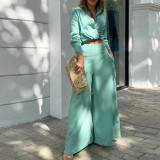 Plus Size Solid Color Shirt Wide Leg Pants Suit GHHE-8777