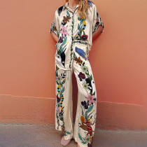 Plus Size Print Short Sleeve Shirt Two Piece Pants Set GHHE-28200