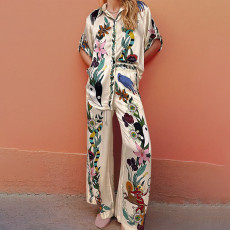 Plus Size Print Short Sleeve Shirt Two Piece Pants Set GHHE-28200