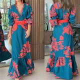 Plus Size V Neck Long Sleeve Tie Up Maxi Dress GHHE-28748