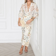 Plus Size Print Long Sleeve Shirt Dress GHHE-28513