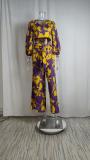 Plus Size V-Neck Lantern Sleeve Crop Top Wide Leg Pants Set GHHE-86478
