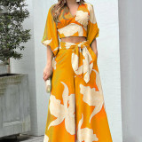 Plus Size V-Neck Lantern Sleeve Crop Top Wide Leg Pants Set GHHE-86478