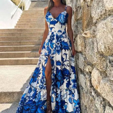 Plus Size Print V Neck Sling Patchwork Split Maxi Dress GHHE-25041