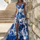 Plus Size Print V Neck Sling Patchwork Split Maxi Dress GHHE-25041