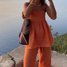 Plus Size Solid Color Loose Sling Two Piece Pants Suit GHHE-28635