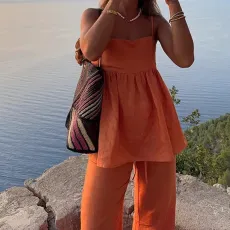 Plus Size Solid Color Loose Sling Two Piece Pants Suit GHHE-28635