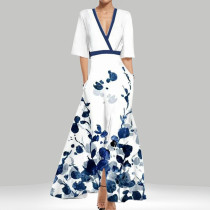 Plus Size V Neck Print Half Sleeve Maxi Dress GHHE-28480