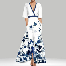Plus Size V Neck Print Half Sleeve Maxi Dress GHHE-28480