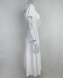 Plus Size Bubble Sleeve Lace-Up Slit Midi Dress GHHE-8141