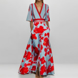 Plus Size V Neck Print Half Sleeve Maxi Dress GHHE-28480